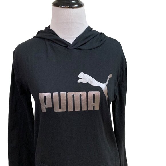 Puma Girl's T-Shirt L Large (14-16) with Hoodie Logo Print Silver Black Cotton - Picture 2 of 5
